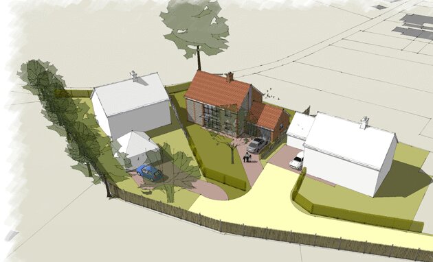 Illustration of the houses on Dereham Road, Scarning